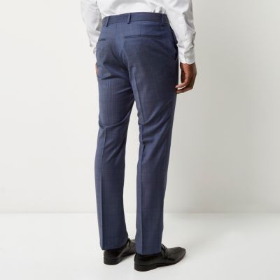 Blue check wool-blend slim suit trousers